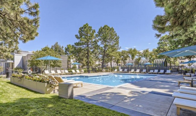 a swimming pool with seating